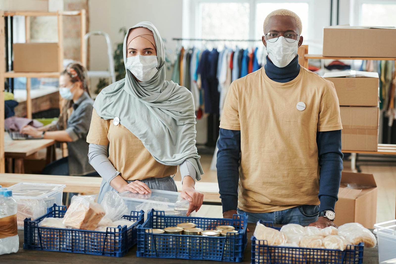 Volunteers preparing donated supplies.